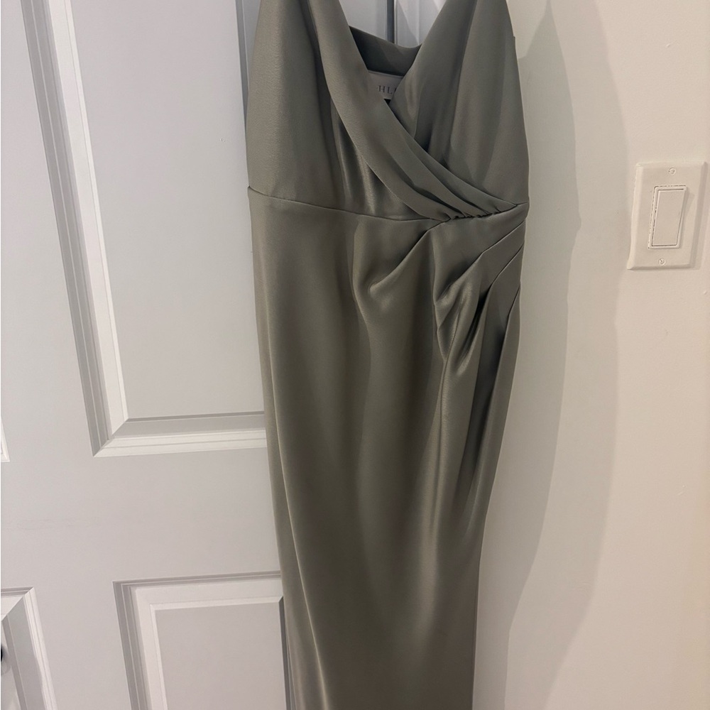 BHLDN One-Shoulder Draped Satin Dress in Sage Green